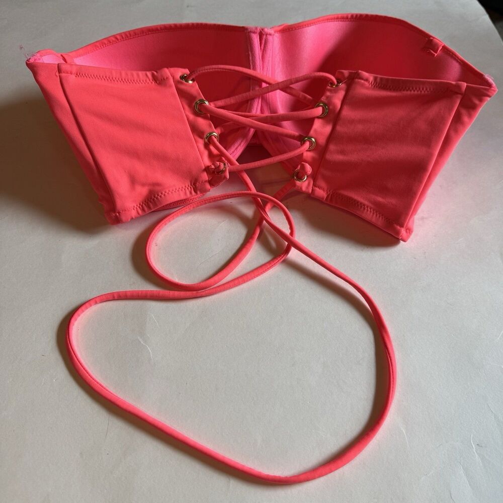 Victoria's Secret Bright Pink bandeau bikini top Lace Up Back Swim Size 36DD - Picture 3 of 8